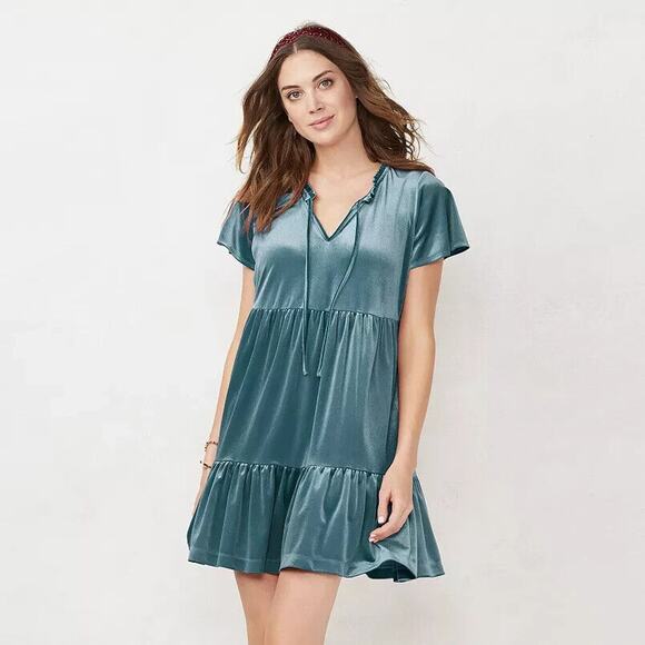 LC Lauren Conrad Velvet Babydoll Dress X-Large Teal Green Tie Ruffle Neck Tiered - Picture 2 of 9